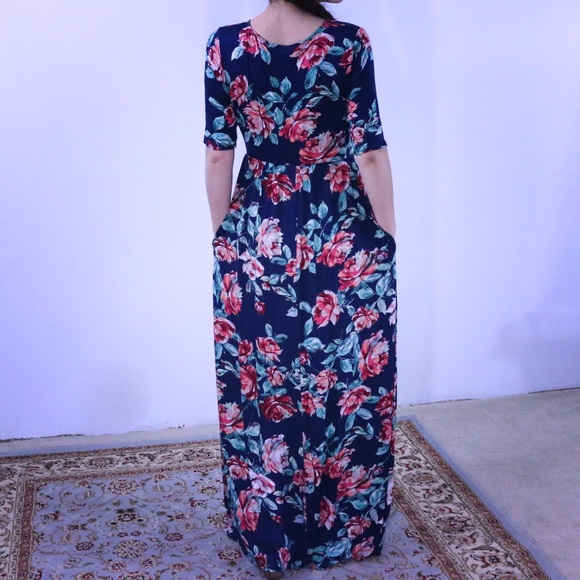 Dresses | Navy Floral Maxi Dress With Pockets | Poshmark